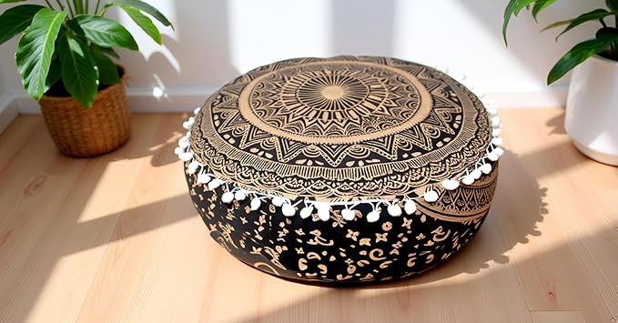 INDIAN CRAFT CASTLE ICC Mandala Barmeri Large Floor Pillow Cover Cushion Meditation Seating Ottoman Throw Cover Hippie Decorative Zipped Bohemian Pouf Ottoman Cases Black Gold, 24" Round - Bloomnest