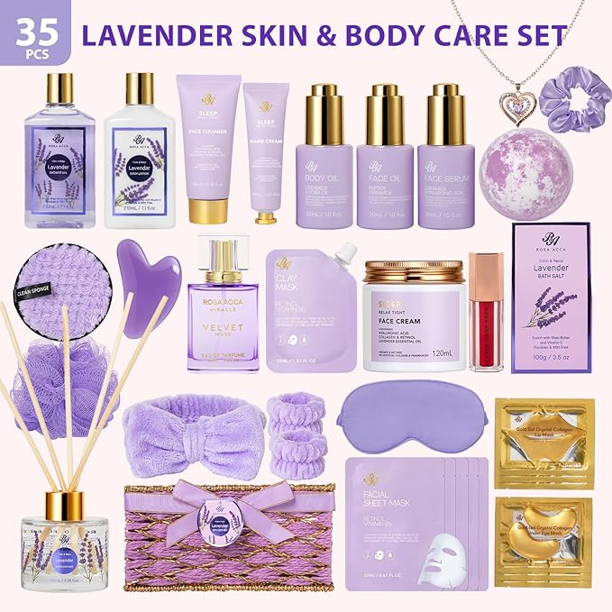 35 Pcs Valentines Day Gifts for Women, Lavender Bath and Body Gift Basket, Facial Skin Care Set, Spa Kit, Self-Care Set, Face Sheet Mask, Necklace, Birthday, Christmas, Mother Day, Anniversary - Bloomnest