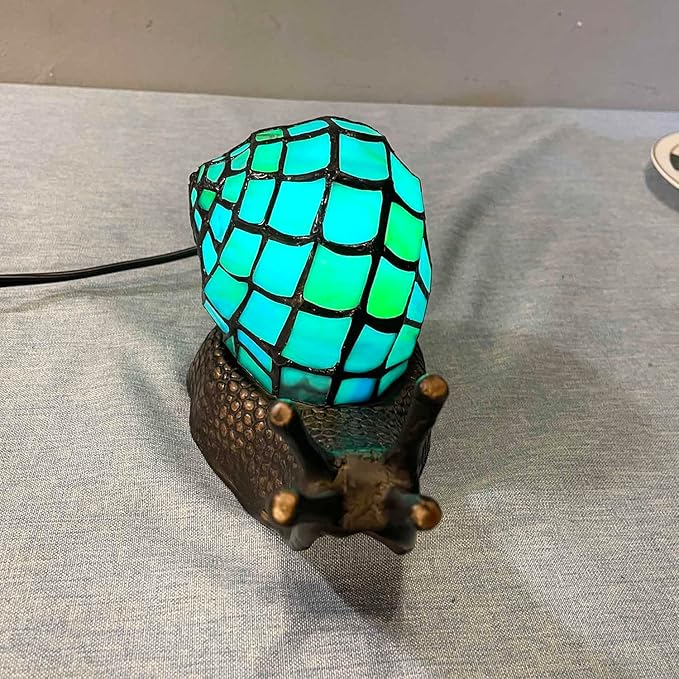 Bieye L10975 Land Snail Tiffany Style Stained Glass Accent Table Lamp for Home Decoration (Cyan, 10" D x 5" W x 5" H) - Bloomnest