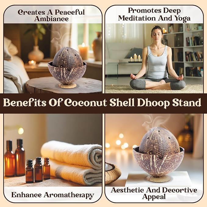Handmade Coconut Shell DHOOP Stand – Eco-Friendly Natural Incense Holder Charcoal/Cone Burner, Sage Stand, Palo Santo Holder, Ash Catcher for Aromatherapy, Meditation, Yoga, Spiritual - Bloomnest