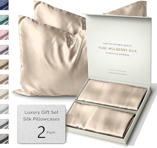 Sunday Silks™ | Silk Pillow Cases 2 Pack | 22 Momme Mulberry Silk Pillowcase Set of 2 | All Sides 100% Pure Silk Slip Pillowcases Bliss for Couples, Zipper | Standard Queen, King Size, 6A [Oat Milk] - Bloomnest