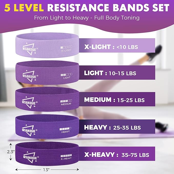 WSAKOUE Fabric Resistance Bands for Working Out – 5 Booty Bands for Women & Men, Exercise Workout Bands for Legs, HIPS & Glutes – Ideal for Home Fitness, Yoga, Pilates & Rehab