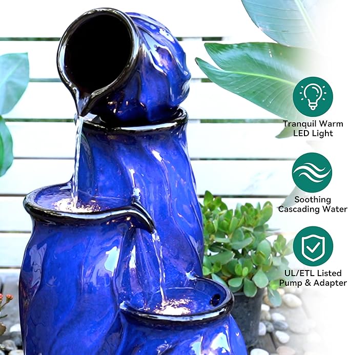 29" Tall Ceramic Water Fountain Outdoor with LED Lights, 4-Tier Cascading Waterfall Garden Fountain, Ideal for Serene Relaxing Patio, Yard or Porch, Cobalt Blue Glaze, Dynamic Wave-Texture - Bloomnest