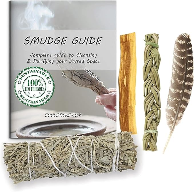 Ancient VEDA Organic Smudge Kit – Blue Sage, Palo Santo, Sweetgrass Braid, Feather & Smudge Guide | Home Cleansing Kit for Meditation, Yoga, Energy Healing & Gift (Starter Kit, Blue Sage)