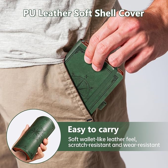 AHGXG Small Blank Pocket Journal Notebook for Men - 256 Numbered Pages B6 Mini Journal, Vintage Soft Leather Hardcover, 80gsm Paper, for Women Work Office School, 4.1'' X 5.7''- Dark Green - Bloomnest