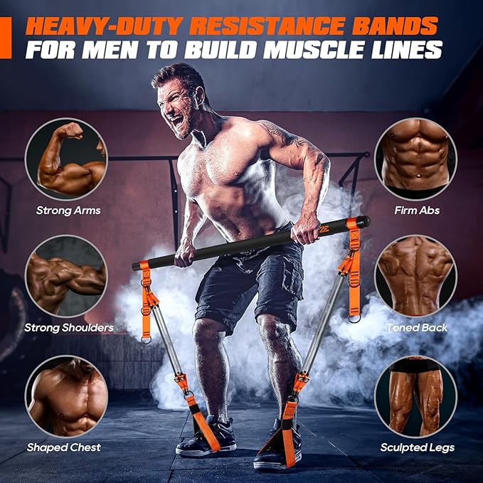 Pilates Bar Kit with Resistance Bands, Heavy Duty Pilates Equipment for Men, Strength Training Bar for Legs, Hip, Back, Arm, Abs, Chest, Shoulders, Portable Home Gym Full Body Workout Equipment - Bloomnest