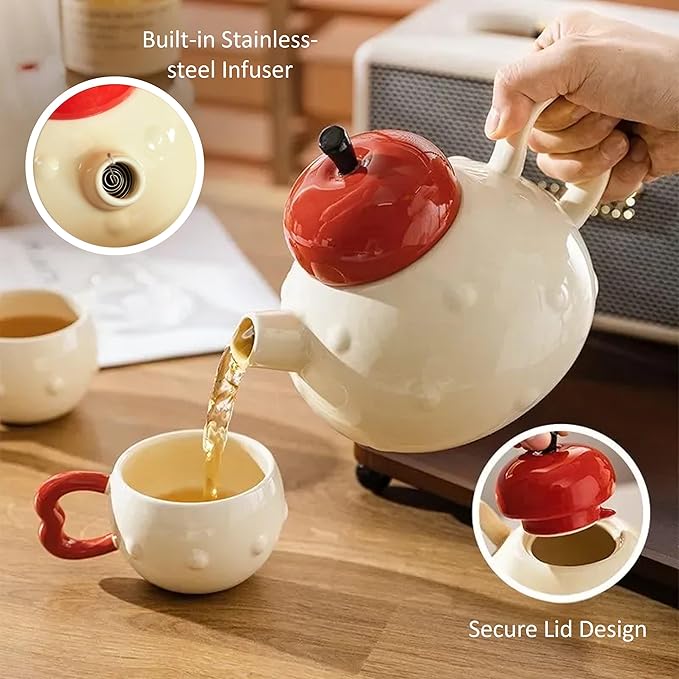 Apple-themed Modern Tea Set, 1 Teapot (28.7oz), 4 Teacups and 1 Tea Tray, Porcelain Tea Set for Adults, Cute Tea Set for Women Tea Party, Gift Package - Bloomnest