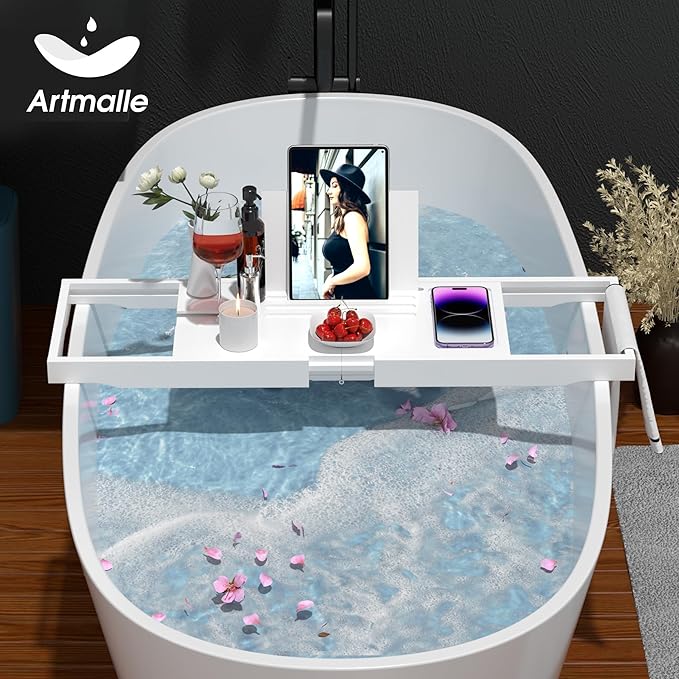Artmalle Bathtub Tray for Tub, Expandable Bamboo Bath Caddy Tray with Book Holder for Home Spa Relaxing, Foldable Minimalist Bathroom Accessories for Women Men (Simple, White) - Bloomnest
