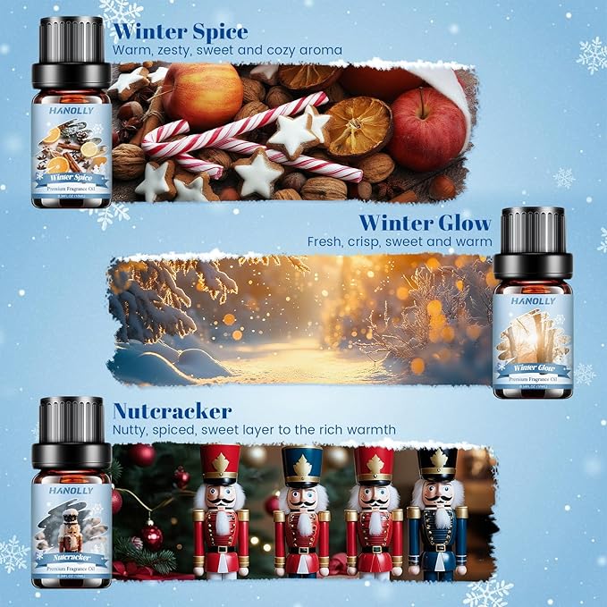 Winter Fragrance Oil Set, 6 Premium Holiday Essential Oils Set for Diffuser, Candle Making - Winter Spice, Winter Glow, Nutcracker, Warming Cashmere, Vanilla Pinecones, Snowkissed Lodge Scented Oil - Bloomnest