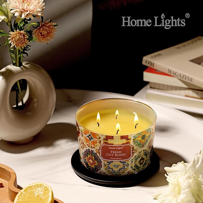 HomeLights 4-Wick Candles for Home Scented - 18oz Soy Wax Blend Candle Long-Lasting Fragrance, Bohemian Natural Textures Home Decor and Housewarming Gifts, Fresh Cut Roses - Bloomnest