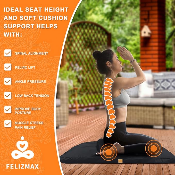 Zabuton Meditation Mat (36"×28"×3") Luxurious Meditation Cushion for Kneeling Sitting Large Floor Pillow Zafu/Bench-Washable Cotton Cover 100% Organic Cotton Filling (Black)