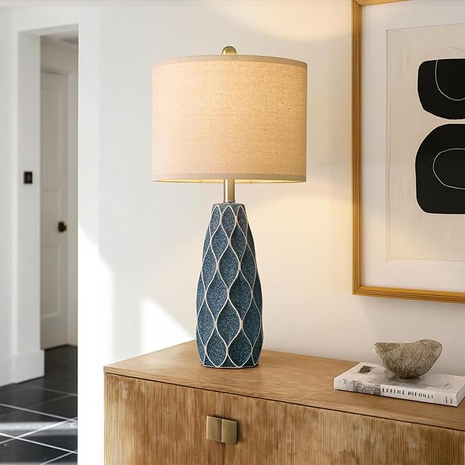 27.5" Ceramic Table Lamps for Living Room Bedroom Lamps Set of 2 Modern Boho Bedside Lamps Night Stands Farmhouse Vintage Large Nightstand Lamp Reading Light Home Office Dorm Desk Deco Gifts, Blue - Bloomnest