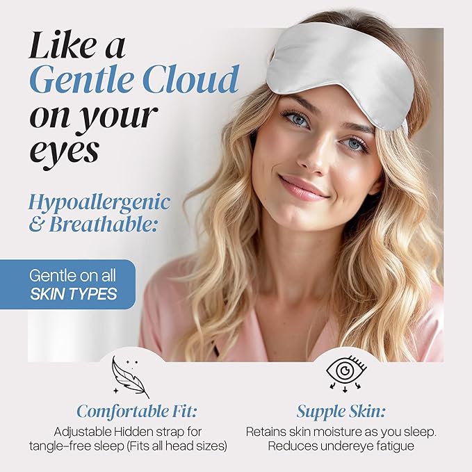 Adjustable Silk Sleep Mask Eye Covers | 100% Pure 6A Mulberry Silk | Blackout & Hypoallergenic | Concealed Strap for Women & Men | for Sleeping & Travel (Ivory White) - Bloomnest