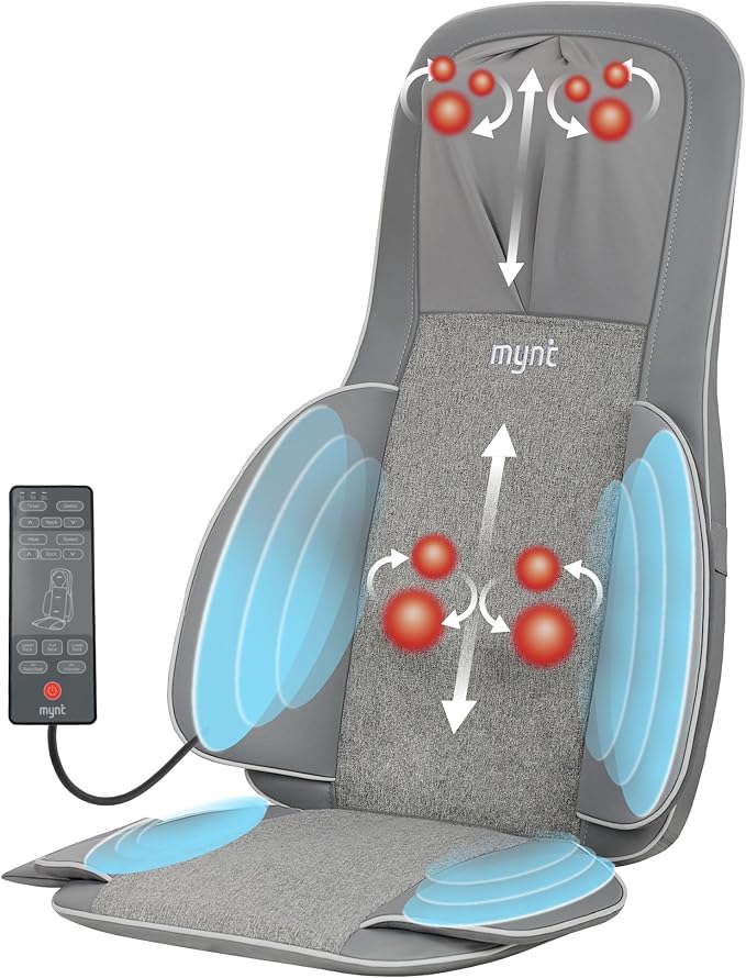 Mynt 2D & 3D Shiatsu Neck and Back Massager for Chair with 10 Deep Kneading Nodes, Adjustable Back Massage with Heat, Portable Massage Chair Pad (Gray) - Bloomnest