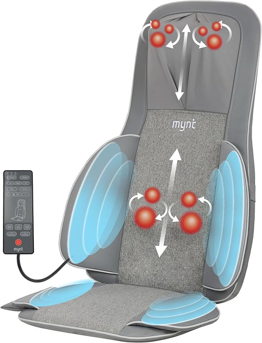 Mynt 2D & 3D Shiatsu Neck and Back Massager for Chair with 10 Deep Kneading Nodes, Adjustable Back Massage with Heat, Portable Massage Chair Pad (Gray) - Bloomnest