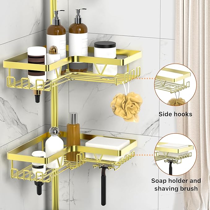 KEGII Corner Gold Shower Caddy Tension Pole - 4-Tier Rustproof Shower Rod Organizer, Floor to Ceiling Tension Rod 25-114.2 inch, Stainless Steel Corner Shower Shelf, Waterproof - Bloomnest