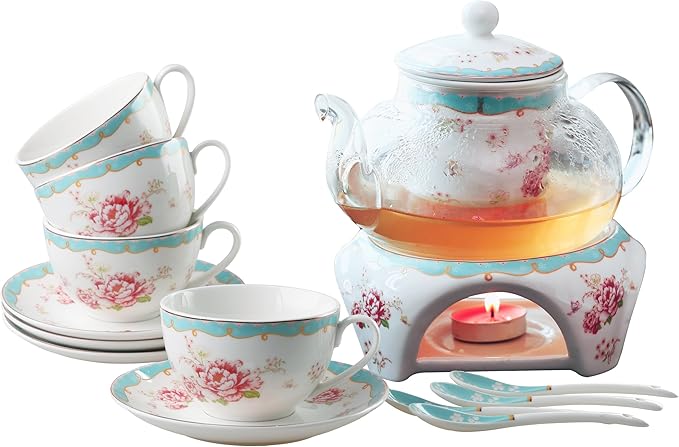 Jusalpha Fine China Tea Sets Vintage Rose Flower Series Coffee Cup-Teacup Saucer Spoon Set with Teapot Warmer & Filter (Rose Glass pot 03) - Bloomnest