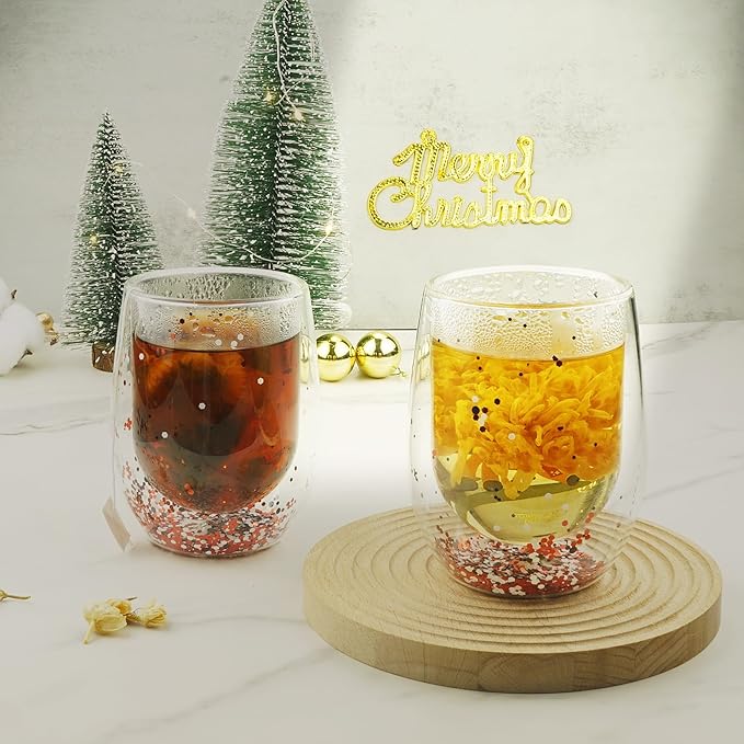 Christmas Mugs, 8 oz Double Wall Insulated Glass Coffee Mugs Set of 2, Cute Funny Mugs Coffee Cups for Cappuccino, Latte, Americano, Tea, Wine and Beverage - Bloomnest