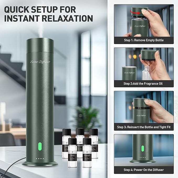 Waterless Scent Diffuser Starter Kit - 1000 Sq Ft Coverage, Hotel Scent Diffuser, Essential Oil Diffuser Large Room, Included 5 Scent Oils, Remote Control, SandGreen - Bloomnest