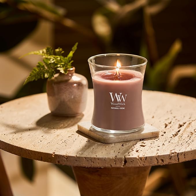 WoodWick Patchouli Crème Gifts for Women and Men, 9.7 oz Medium Hourglass Candle with Crackling Wick - Bloomnest