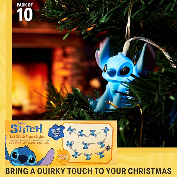 Disney Stitch LED String Lights for Kids, Teens, Adults, 10 Battery Operated Indoor 59” Fairy Lights, Room Decor Lighting, Gifts for Kids (Blue Stitch) - Bloomnest