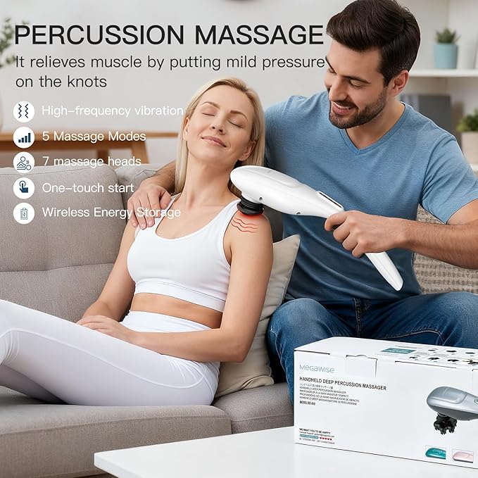 MEGAWISE Cordless Back Massager for Shoulders, Waist, Legs, Rechargeable 3200mAh Battery, 5 Speed and 5 +2 Massage Nodes 5 Hard, 2 Silicone Nodes, Massage While Moving Around (Off White Cordless) - Bloomnest