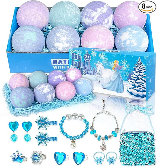 Bath Bombs for Kids with Surprise Inside, 8 Pack Bath Bombs with Frozen Toys, Princess Jewelry & Cross-Body Bag, Natural Fizzy Bubble Bath Balls with Jewelry Set, Christmas Birthday Gift for Girls - Bloomnest