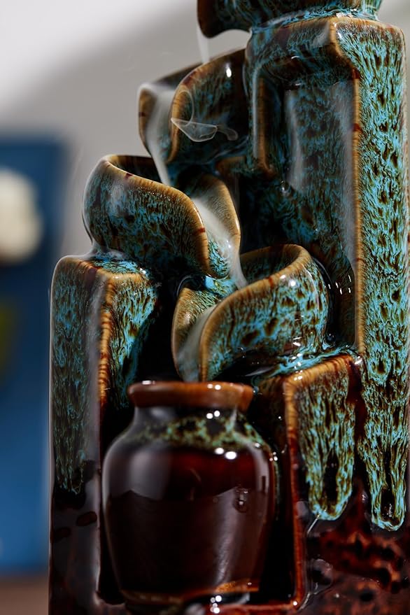 Unique Cascading Basins Ceramic Waterfall Incense Holder, Paired with a Pack of Backflow Incense Cones. (Fambe Blue) - Bloomnest