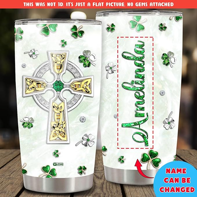 WAZONE Personalized St Patricks Day Tumbler With Lid Custom Name Stainless Steel Insulated Travel Mug Customized Gifts Green Shamrock Triquetra Celtic Knot Cross Ireland For Women Christian - Bloomnest
