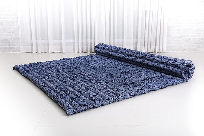 Leewadee - Foldable Floor Mattress - Japanese Roll Up Futon -Trifold Tatami Mat- Guest Floor Bed - Camping Mattress - Thai Massage Mat, Kapok Filled, 75 x 57 inches, Blue White - Bloomnest