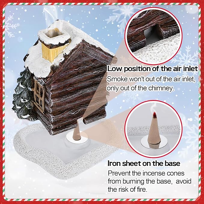 Christmas Log Cabin Incense Burner - Christmas Village Houses with 2 Incense Cones, Resin Incense Cone Holder for Home Room Table Fireplace Decorations, Brown - Bloomnest
