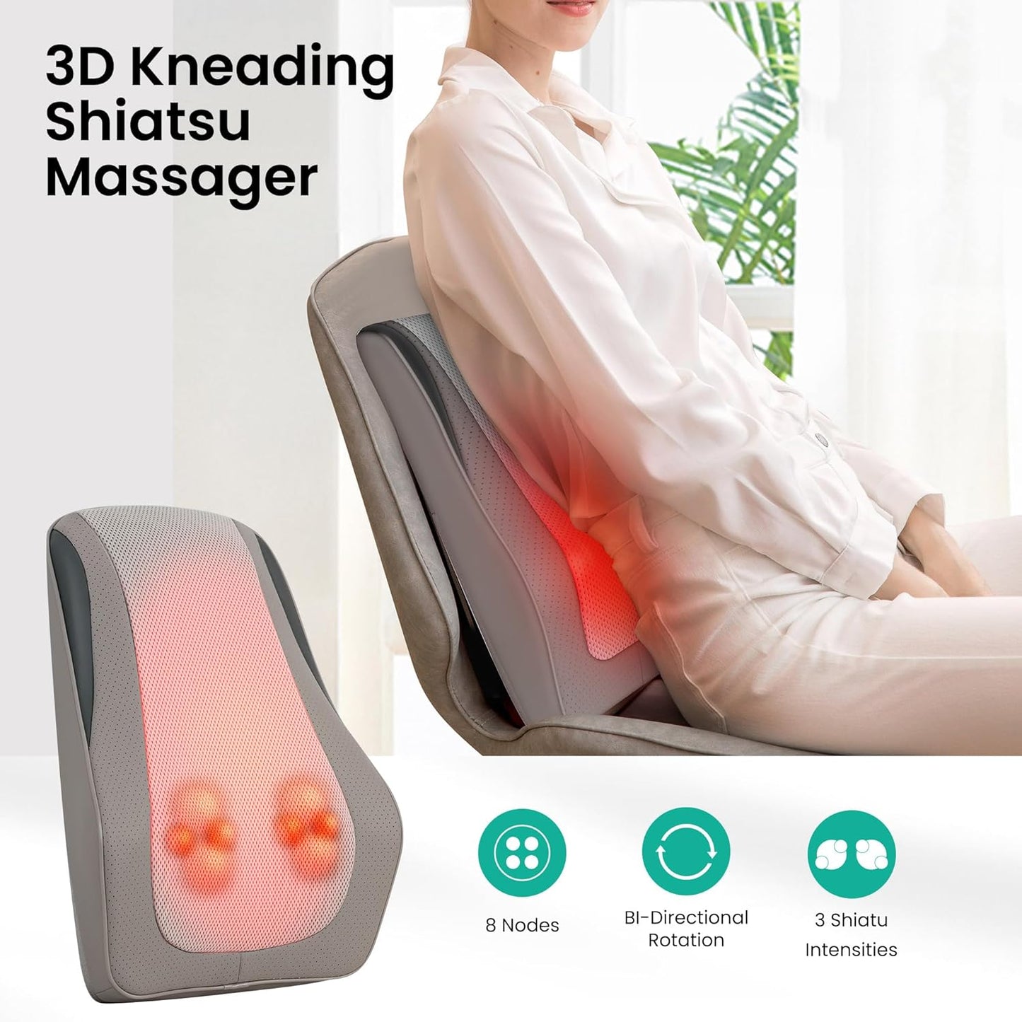 Snailax Back Massager for Back Pain Deep Tissue, Shiatsu Lower Back Neck Massager with Heat, 3D Kneading Massage Pillow for Neck Shoulder Legs, Gifts for Mom, Dad, Women (Beige)