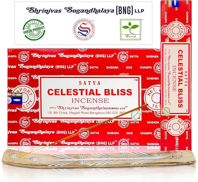 Satya Celestial Bliss Incense Sticks, Satya Bng (Bangalore) Insenses 15gmx12 Pack with Raajsee Incense Holder Bundle, Satya Nagchampa Natural Incense - Bloomnest