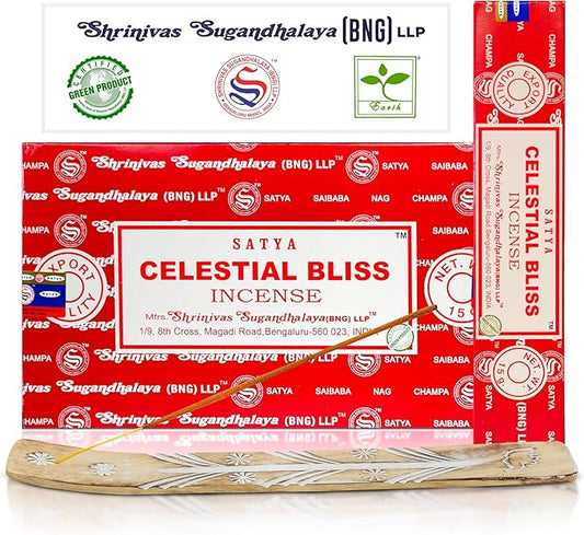 Satya Celestial Bliss Incense Sticks, Satya Bng (Bangalore) Insenses 15gmx12 Pack with Raajsee Incense Holder Bundle, Satya Nagchampa Natural Incense - Bloomnest
