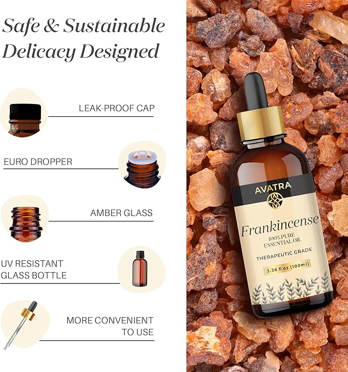Avatra Frankincense Essential Oil 100ML (3.38 OZ) with Glass Dropper and Travel Bottle, Pure and Natural Therapeutic Grade Frankincense Oil for Diffuser, Aromatherapy, Massage, and DIY Candle Products - Bloomnest