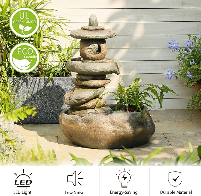 28" H Imitation Rock Pagoda Design Outdoor&Indoor Cascading Water Fountain, Natural Zen Decor Waterfall with LED Lights - Suitable for Garden/Patio/Yard/Deck/Balcony and Home Art Decor （Resin） - Bloomnest