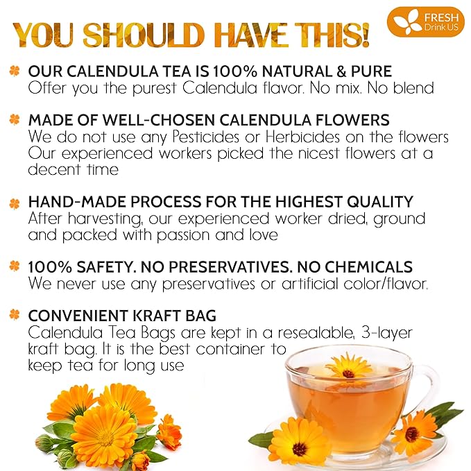 FRESHDRINKUS Premium 100% Natural Calendula Flower Tea Bags, 135 Count, Herbal Tea, Caffeine Free, Sugar Free, Gluten Free, Vegan - Bloomnest