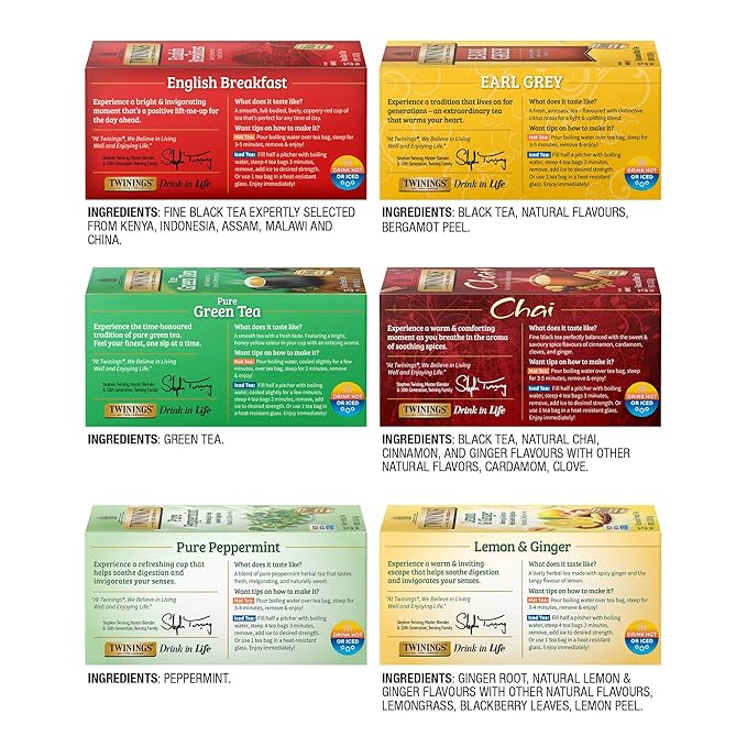 Twinings Variety Pack Tea Bags, 25 Count (Pack of 6) Includes English Breakfast, Earl Grey, Lemon Ginger, Peppermint, Green, and Chai, Enjoy Hot or Iced, 150 Teabags - Bloomnest