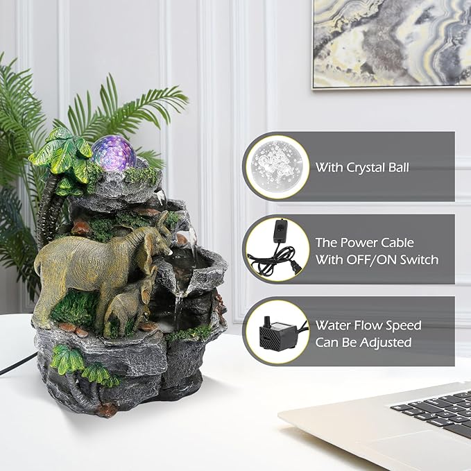 Dyna-Living Elephant Water Fountain Indoor Desktop Fountain Waterfall with Colorful LED Light Tabletop Water Fountain for Desk Office Relaxing Inside Water Feature