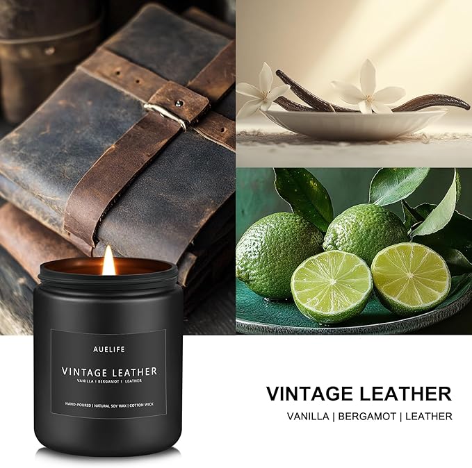 Vintage Leather Candle | Men Candles, Soy Candle for Home Scented - Man Scented Candles for Home, Men Gifts for Him - 7oz Black Jar Gifts for Friends - Bloomnest