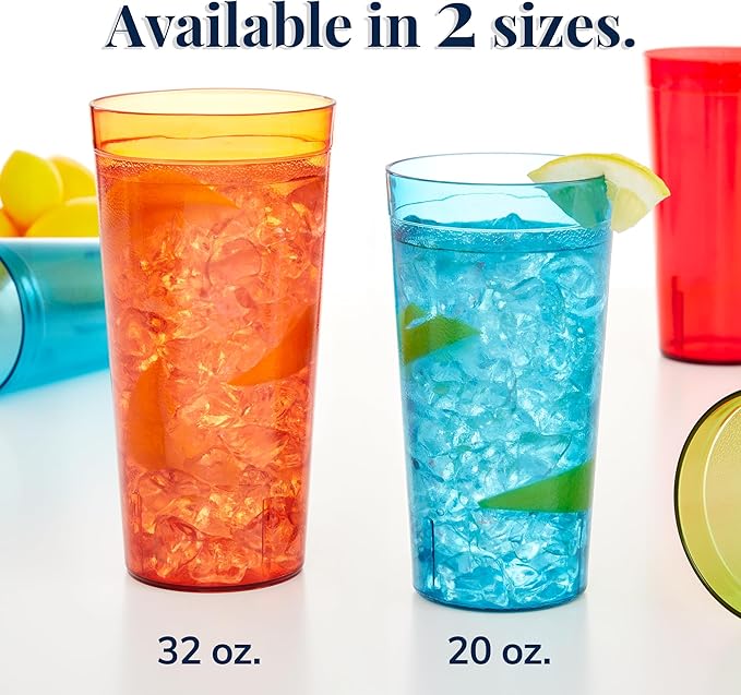US Acrylic Café Plastic Reusable Tumblers (Set of 12) 32-ounce Iced-Tea Cups, Assorted | Value Set of Restaurant Style Drinking Glasses, Stackable, BPA-free, Made in the USA | Top-rack Dishwasher Safe - Bloomnest