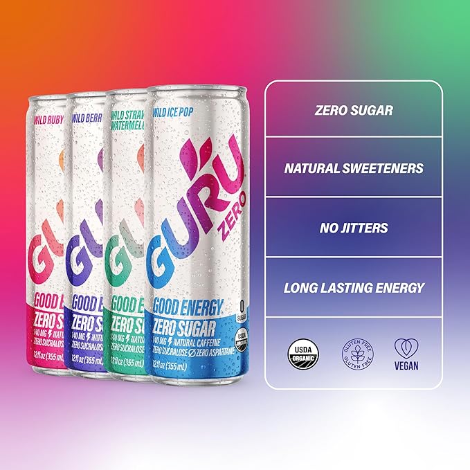 GURU ZERO SUGAR Organic Energy Drinks Variety Pack, Clean Energy Drink with Plant Based Natural Caffeine from Green Tea, Coconut Water, Prebiotic, Zero Added sugars, Gluten Free and Vegan, Pre Workout, Healthy Drinks, 12oz (Pack of 12) - Bloomnest