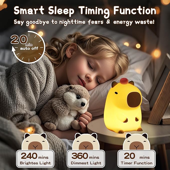 Capybara Night Light,Cute Tangerine LED Squishy Novelty Animal Night Lamp,Dimmable Soft Silicone Nursery Nightlight for Kids, Rechargeable Bedroom Touch Lamp, Dorm Decor, Baby Boys Girls Gift - Bloomnest