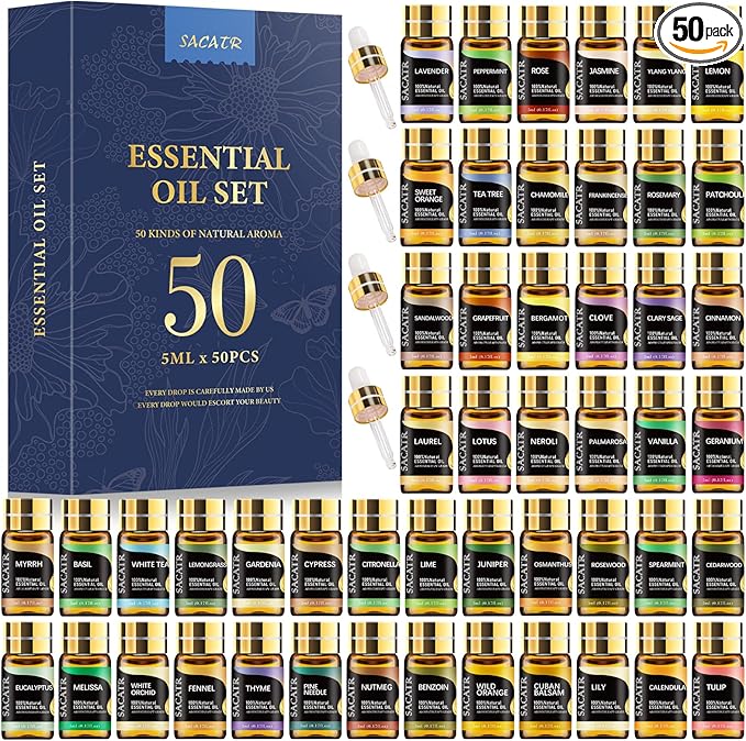 50 Pcs Essential Oils by SACATR Natural Essential Oil Set -Essential Oils Gift Set for Diffuser, Home Care, DIY Candle and Soap Making(50 * 5ML) - Bloomnest