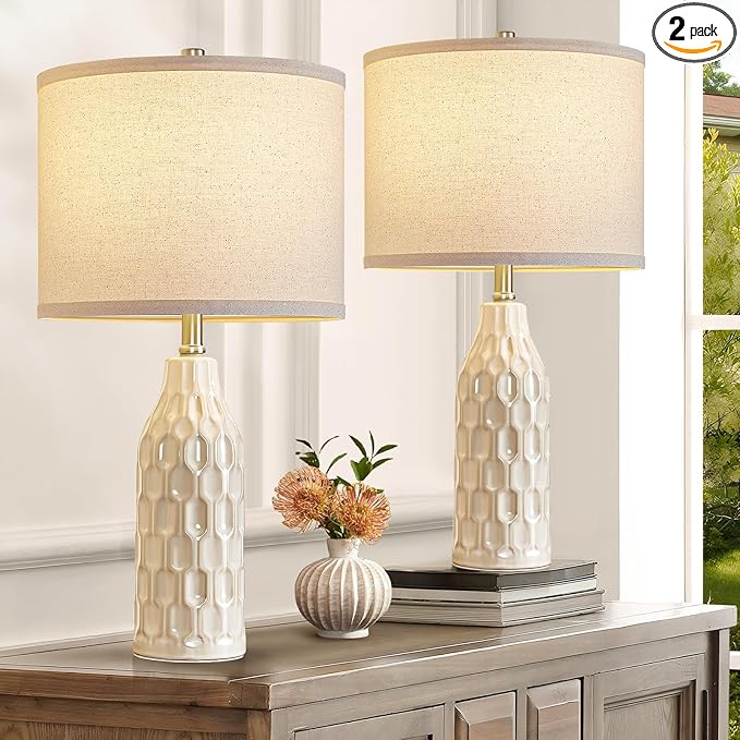 Luvkczc 24.8" Ceramic Table Lamps Set of 2 with 3 Color Temperature & Bulbs Included - Bedside Lamps for Nightstand, Living Room, Bedroom, Home Office Decor - Bloomnest