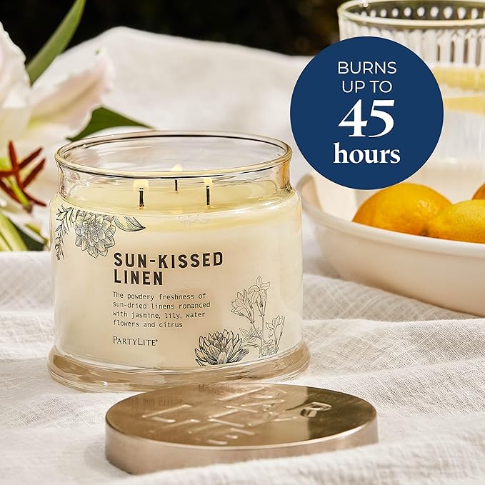PartyLite Sun-Kissed Linen Scented, Notes of Jasmine Musk, Lily & Citrus, 13.2oz 3-Wick Jar Candle, 45 Hour Burn Time, Luxurious Fragrance, Ideal for Gifting - Bloomnest
