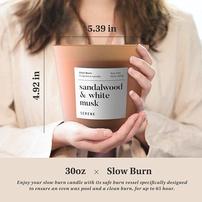 Hidden Label Large Scented Candle, Sandalwood & White Musk, 30oz 3 Wick Huge Candle, Huge Slow Burn Natural Soy Candles for Home Scented - Bloomnest