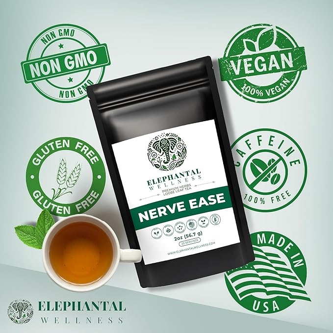 Elephantal Wellness Nerve Ease Herbal Tea | Calming Nervous System Support with Chamomile Tea, Passionflower, Lemon Balm Tea, Valerian & St. John’s Wort | Loose Leaf, Caffeine-Free, 2oz, 20 Servings - Bloomnest