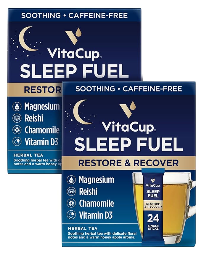 VitaCup Sleep Fuel Instant Tea Packets for Deep REM Sleep, Relax & De-Stress w/Chamomile, Magnesium, Vitamin D3, Coconut Water, Coconut Milk, Potassium, Calming for Full Body Relaxation, 48Ct - Bloomnest