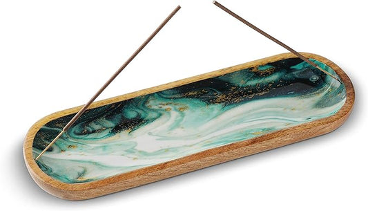 Folkulture Incense Holder or Incense Burner, Modern Incense Holder for Sticks, Ash Catcher or Insence-Stick Holder for Home Décor, 12 Inch Long for Home Decor, Mango Wood, Green Agate